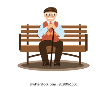 Grandpa with gray hair sits on a bench. Loneliness. An elderly man with glasses. Crutch. Cap Street walk. Flat style. Isolation on a white background. Vector illustration