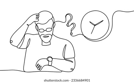 Grandpa has Alzheimer's disease. Lost in space and time. Disorientation. Forgetfulness. World Alzheimer's Month. One line drawing for different uses. Vector illustration.