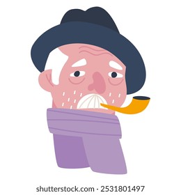 Grandpa in a hat. A man with a smoking pipe in his mouth. The elderly man is the head. Flat vector illustration, eps10