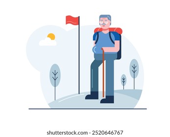 Grandpa is hiking the mountain, leisurely enjoying nature together in his old age. Character design. Vector flat illustration