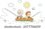 Grandpa with his happy little grandson sitting in their inflatable boat and fishing in a small lake on a beautiful sunny day of a summer vacation, vector cartoon illustration on white