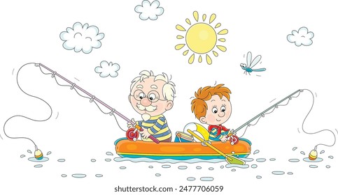 Abuelo con su nieto feliz sentado en su bote inflable y pescando en un Pequeño lago en un hermoso día soleado de unas vacaciones de verano, ilustración de dibujos animados de Vector en blanco