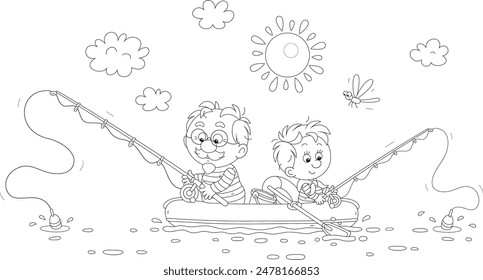 Grandpa with his happy little grandson sitting in their inflatable boat and fishing in a lake on a beautiful sunny day of a summer vacation, black and white vector illustration for a coloring book