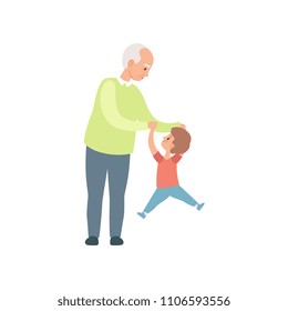 Grandpa and his little grandson having fun together, grandfather spending time playing with grandson vector Illustration on a white background