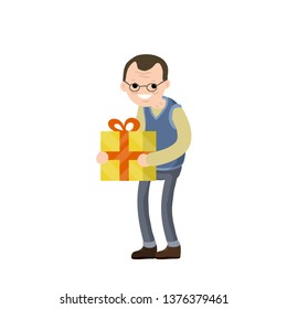 Grandpa is holding a gift box. Congratulations to the family on the holiday. Grandfather day. Happy Old man. Senior's birthday. Cartoon flat illustration