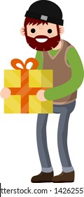 Grandpa is holding a gift box. Congratulations to the family on the holiday. Senior's birthday. Cartoon flat illustration. Grandfather day. Happy Old man