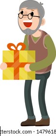 Grandpa is holding a gift box. Happy Old man. Senior's birthday. Cartoon flat illustration. Grandfather day. Congratulations to the family on the holiday