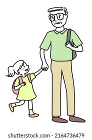 Grandpa holding grandchild's hand, walking back home together. Girl holding grandfather's hand walking back home after school. Man and child walking hand in hand. Senior man and kid walking together.