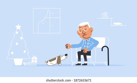 Grandpa at home with dog playing vector illustration