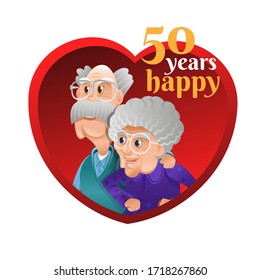 Grandpa huged grandma inside red heart. Grandmother and grandfather celebrating long-term relationship. Golden jubilee or golden wedding anniversary. Flat style modern vector illustration