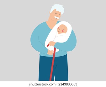 Grandpa hugs his newborn grandson with love. Senior grandfather embraces his baby grandchild with care. Happy Fathers Day, family bond and generations concept. Vector illustration
