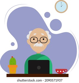 Grandpa with laptop, old man using internet. Oldster computer education. Elderly man learning to use PC. Older man using technology.