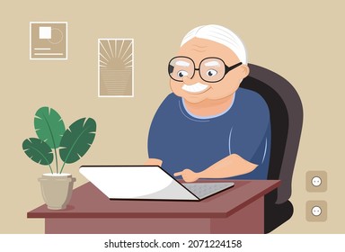 Grandpa with laptop vector. Cute cartoon senior man is surfing in Internet. Home office and video conference for old people.