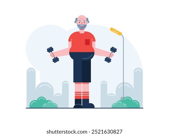 Grandpa is lifting barbell, outdoors breathing fresh air. Character design. Vector flat illustration