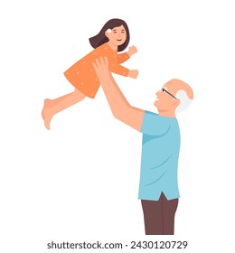 Grandpa lifting up his  grandaughter. Happy smiling characters spending time together. Grandfather with grandchild. Vector flat illustration isolated on white background

