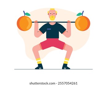 Grandpa is lifting weights, exercise in old age to stay healthy. Character design. Vector flat illustration