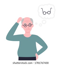 Grandpa looking for his eyeglasses. Grandfather lost glasses. Sclerosis or alzheimer's symptom. Flat vector cartoon illustration.