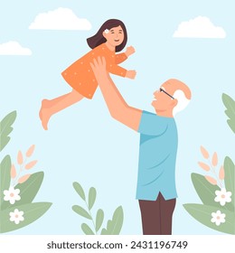 Grandpa meeting with granddaughter. Happy smiling characters spending time together. Grandfather with grandchild. Vector flat illustration 
