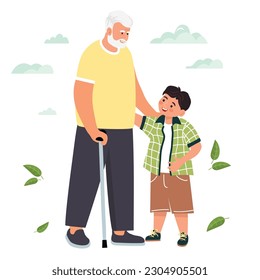 Grandpa meeting with grandson. Happy smiling characters communicate with each other. Relatives have fun together.Gray-haired old man and boy.Vector  flat illustration isolated on white background.