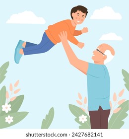 
Grandpa meeting with grandson. Happy smiling characters spending time together. Grandfather with grandchild. Vector flat illustration 
