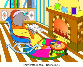 Grandpa Mole in his own house in the library dozens of color book vector. Interior of animals