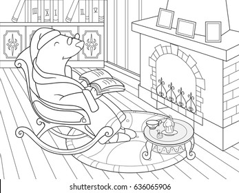 Grandpa Mole in his own house in the library dozens of coloring book for children cartoon vector illustration. Black and white interior of the house of animals Talpidae