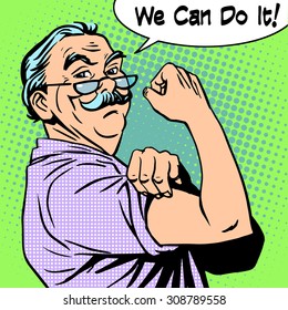 Grandpa the old man gesture strength we can do it. Power protest retro style pop art