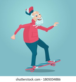Grandpa on a skate. Old man is skating. Cartoon character design. Retirement healthy lifestyle. Adult man sport activity.