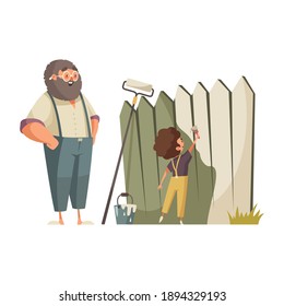 Grandpa painting gate with his grandson flat vector illustration