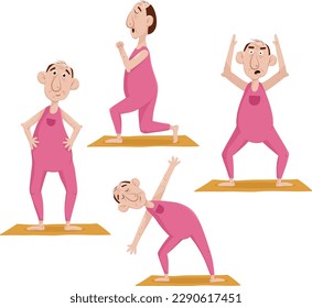 Grandpa in pink jumpsuit doing yoga