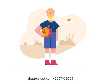 Grandpa is playing basketball in the park, enjoying old age by keeping healthy. Character design. Vector flat illustration