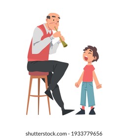 Grandpa Playing Flute to His Grandson, Grandparent Spending Good Time with Grandchild Cartoon Style Vector Illustration