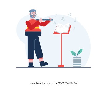 Grandpa is playing the flute melodiously, musical instrument. Design character. Vector flat illustration