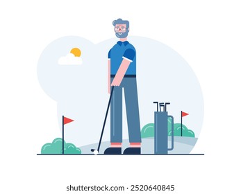 Grandpa is playing golf, healthy hobby and spending time. Character design. Vector flat illustration