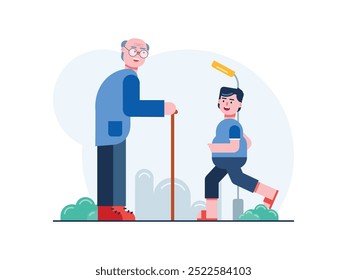 Grandpa is playing with grandson in the park, happy family time. Character design. Vector flat illustration