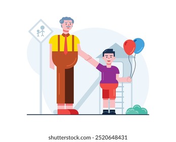 Grandpa playing with grandson while carrying balloons in the garden, parenting and exploring. Character design. Vector flat illustration