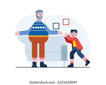 Grandpa is playing with his grandson in the living room, happy family time. Design character. Vector flat illustration