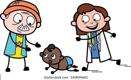 Grandpa Playing with New Born Baby - Professional Cartoon Doctor Vector Illustration