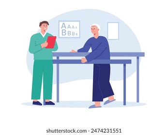 Grandpa is practicing walking again with assistance, observed by the male nurse writing the diagnosis. Character design. Vector flat illustration