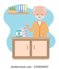grandpa with prescription medicine, doctors and elderly people vector illustration
