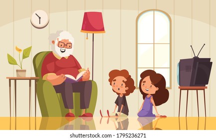 Abuelo leyendo el fondo de un libro con nietos escuchando ilustración vectorial plana