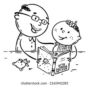 Grandpa reading book to his grandchild, outline vector illustration