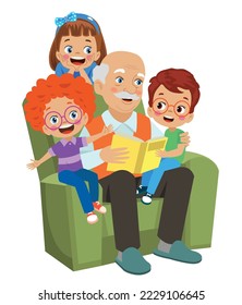 grandpa reading to cute kids