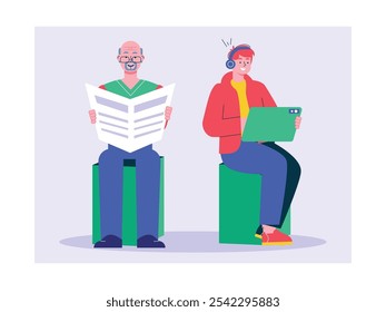 Grandpa reading a newspaper versus a young man playing a tablet and using headphones, a generational difference. Character design. Vector flat illustration