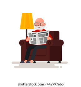 Grandpa reading the newspaper while sitting in a chair. Vector illustration of a flat design