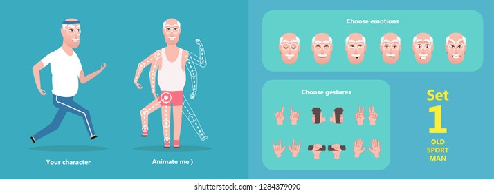 Grandpa is running, isolated cartoon character. Set to create a pose, the choice of emotions of the face and hand gestures. The old man goes in for sports. Illustration flat style - vector