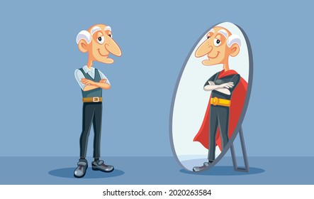 Grandpa Seeing a Super Powerful Man in the Mirror Reflection. Strong elderly man feeling confident and strong seeing himself in the mirror
