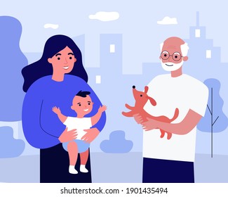 Grandpa showing puppy to baby. Mom holding little kid in arms. Flat vector illustration. New grandparent, family, generation concept for banner, website design or landing web page