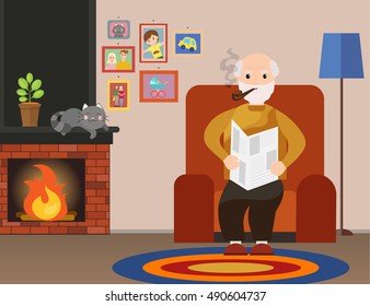 Grandpa sits in a chair reading a newspaper and smoking a pipe at home. Old man reading newspaper. Grandfather smoking. Vector flat cartoon illustration