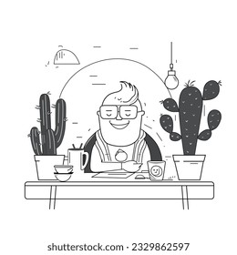 Grandpa is sitting at the computer. Teaching older people technology. Organization of the workspace. Freelance. Modern technologies. Logo. Vector graphics. Black and white colors.